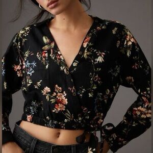 Pilcro Black Floral Wrap Blouse Long Sleeve